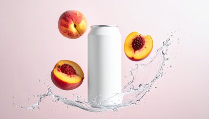 Blank white can with water splash and peaches