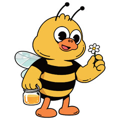 Obraz premium A delightful and charming cartoon illustration of a friendly bee mascot, with wings and a cute expression, holding a daisy flower and a jar of liquid honey.