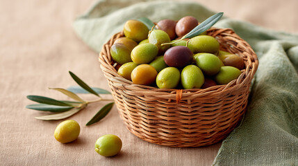 Green and purple olives in wicker basket with olive branches on fabric background.