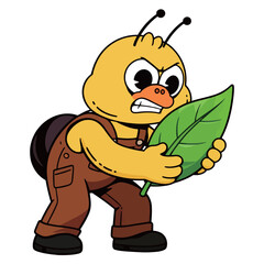 A serious and determined cartoon illustration of a snail mascot, with a shell on its back and overalls, fiercely holding a large green leaf.