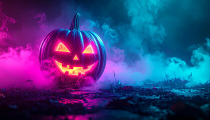 Naklejka premium Glowing Halloween pumpkin with carved face surrounded by colorful smoke on a dark ground.