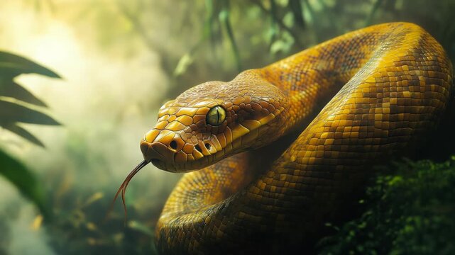 In a vibrant jungle a majestic yellow python coils amid the greenery, highlighting the areas rich biodiversity and inviting explorers to discover its captivating habitat and the hidden exotic wildlife