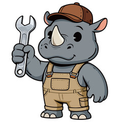 A skilled and charming cartoon illustration of a rhinoceros mechanic mascot, wearing a cap and overalls, holding up a large metal wrench.