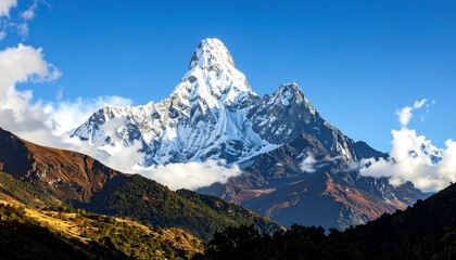 Fototapeta premium Majestic snow-capped mountain peaks pierce through clouds, scenic view, blue sky background