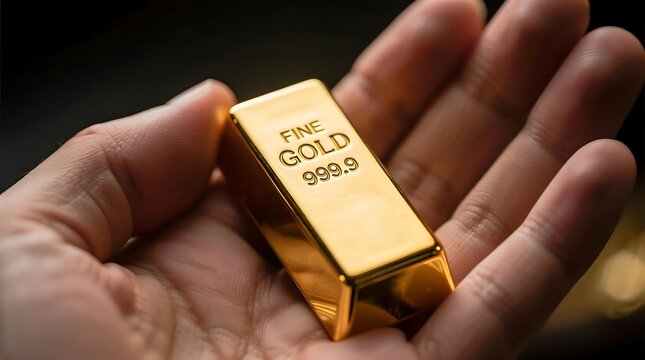 Persons Hand Gently Holding a Pure Gold Bar with fine Gold 999 9 Inscription