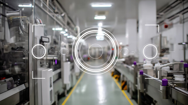 Modern industrial facility interior with automated machinery and digital overlay interface - Powered by Adobe