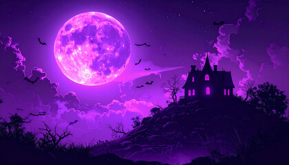 A spooky, purple-toned landscape with a large moon and a haunted house.