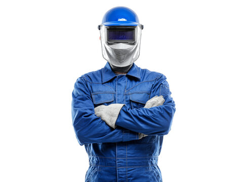 Welder in blue coveralls and welding helmet arms crossed, Isolated On White Background, Png Transparent
