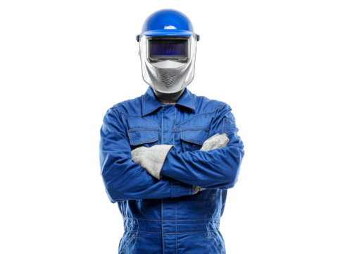 Welder in blue coveralls and welding helmet arms crossed, Isolated On White Background, Png Transparent - Powered by Adobe