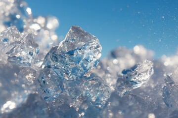 Closeup of ice crystals on a cold day, with a blue sky in the background, creating a beautiful and serene winter scene