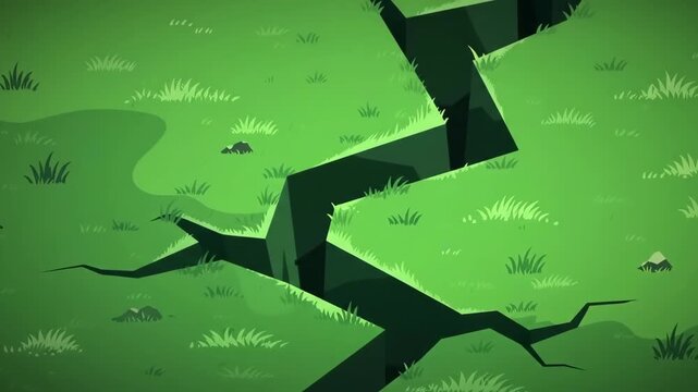 Earth Crack: Animated Green Field Ground Splitting, Deep Crevice, Nature Disaster