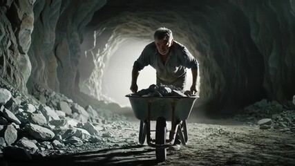 Cave Miner Pushing Wheelbarrow Full of Stones, Hard Work in Underground Mine