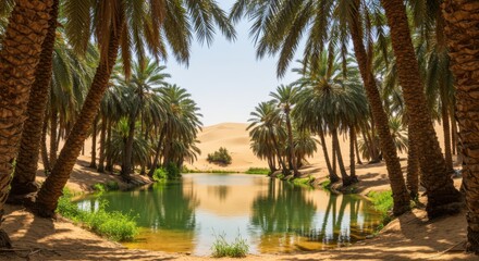 Obraz premium A serene oasis surrounded by palm trees and sand dunes. The clear water reflects the lush greenery and the bright blue sky.