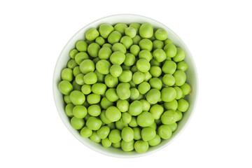 Fresh green peas in ceramic bowl isolated on white background. Top view. Flat lay