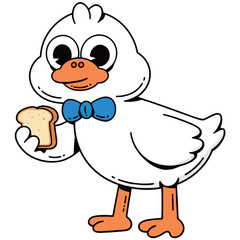 A happy and friendly cartoon illustration of a white duck mascot, wearing a blue bow tie, holding up a fresh slice of white bread.