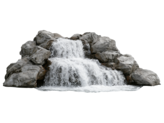 Serene waterfall cascading over grey rocks isolated on black, Isolated On White Background, Png Transparent