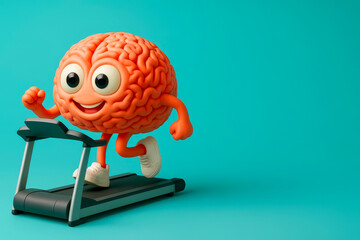 Cute brain running on treadmill, 3D cartoon mascot on teal background for mental fitness and motivation