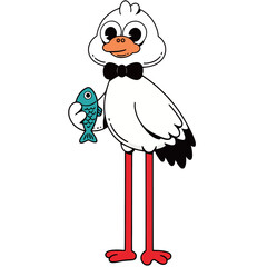 A playful and sophisticated cartoon illustration of a stork mascot, with long red legs and a black bow tie, holding a small blue fish in its beak.