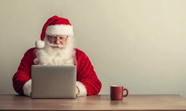 Santa claus is working on his laptop and drinking coffee before christmas eve