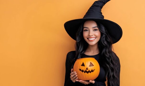Beautiful smiling brunette woman wearing witch hat holding carved pumpkin on orange background