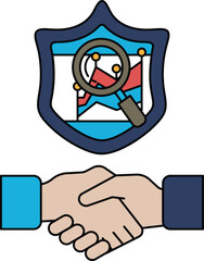 A black and white image of two hands shaking with a shield behind them