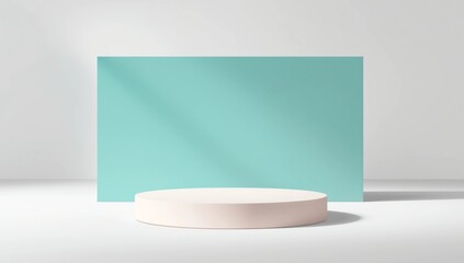 Abstract geometric installation with pink podium