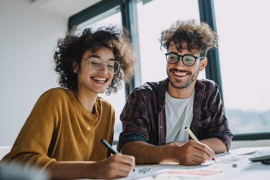 Smiling creative team working together on design project in bright office. Young man and woman drawing with markers, concept of collaboration, creativity and modern teamwork
