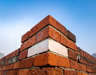 Close-up brick corner against a pale blue sky