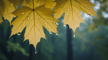 Obraz premium Golden Maple Leaves with Water Droplets in Soft Light