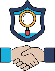 A black and white drawing of two hands shaking hands in front of a shield with a