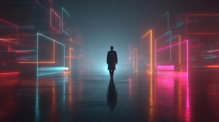 Corporate strategist navigating neon-infused info, sci-fi data immersion