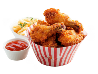 Close up of fried chicken in a striped container with mashed potatoes and tomato sauce on black background