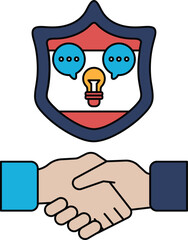 A handshake between two people is shown with a shield behind them
