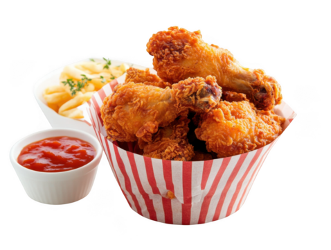 Close up of fried chicken in a striped container with mashed potatoes and tomato sauce on black background