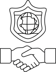 A handshake between two people is shown with a shield in the background