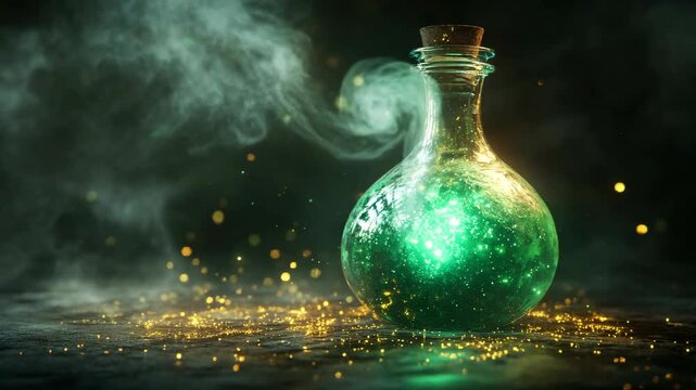 A vibrant green potion in elegant glass flask emits a magical aura with swirling smoke and shimmering dust, creating a captivating spectacle of alchemical artistry that invites imagination and wonder