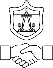 A handshake between two people is shown with a shield behind them