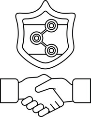 A handshake between two people is shown with a shield in the background
