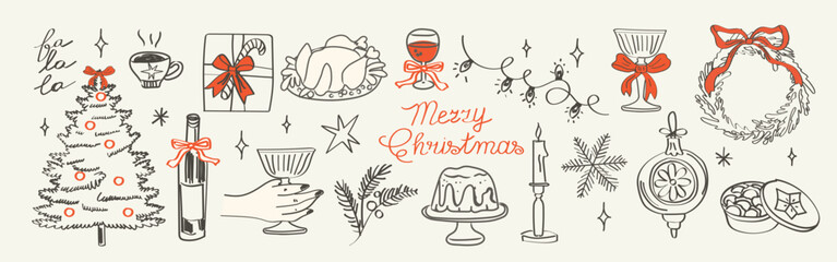 Retro vintage New Year doodle set. Handdrawn charcoal sketches in minimalist grunge style. Festive Christmas and holiday elements for invitations, posters, party decor, and celebration design.