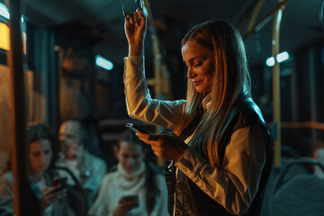 Blonde woman standing on a bus looking at her phone