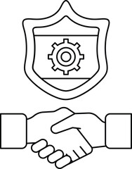 A black and white drawing of two hands shaking hands in front of a shield