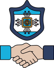 A black and white image of two hands shaking with a shield behind them