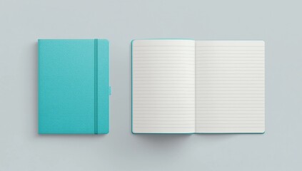 Aqua blue closed and open lined notebooks isolated on white