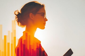 Woman Silhouette with Smartphone and Colorful Graphical Overlay - Double exposure