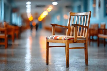 Wooden chair with colorful seat in a corridor with soft lighting