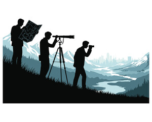 Silhouettes of explorers using binoculars and a map to survey a vast mountain valley landscape