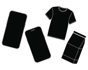 Overhead view of two black smartphones a black t shirt and a black pair of pants on a white background