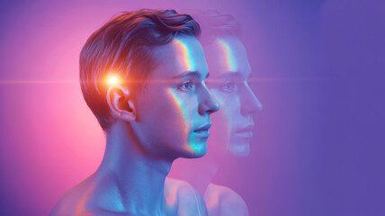 Conceptual portrait of young man with glowing brain and double exposure effect in vibrant neon light