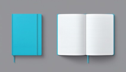 Aqua blue closed and open lined notebooks isolated on white
