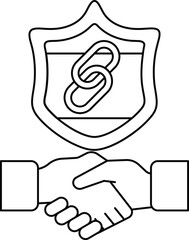 A handshake between two people is shown with a shield in the background